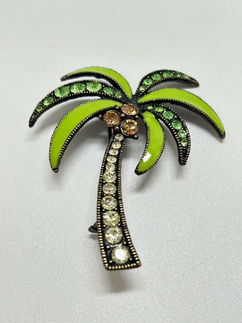Enamel And Crystal Palm Tree Brooch, Green, Gold, Nice Quality